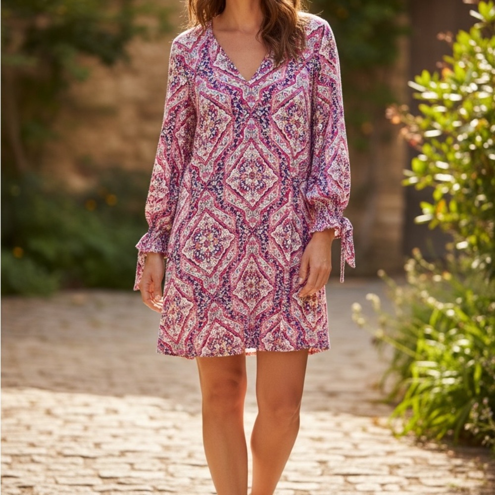 Chico's Vibrant Pink and Purple 3/4 Tie Sleeve Dress